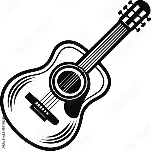 Ector illustration of Acoustic guitar with strings and sound hole stick line art vector icon black and white, white background
