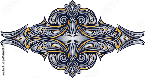 Ornate silver and gold symmetrical design with swirling patterns
