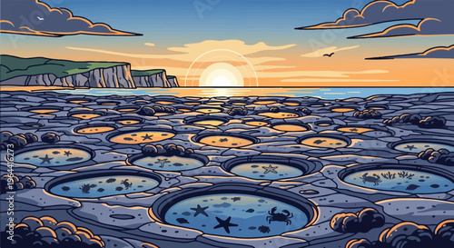 Pixel art tide pools with starfish, crabs, and cliffs at sunset