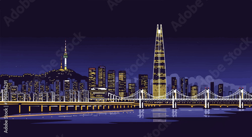 Pixelated cityscape at night with illuminated buildings, bridges, and a distant tower