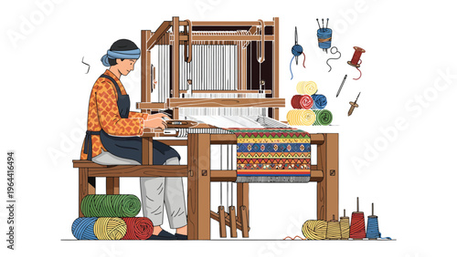 Artisan at the Loom: A skilled craftsperson meticulously works at a traditional loom, creating intricate woven textiles, showcasing the beauty of handmade artistry and cultural heritage.