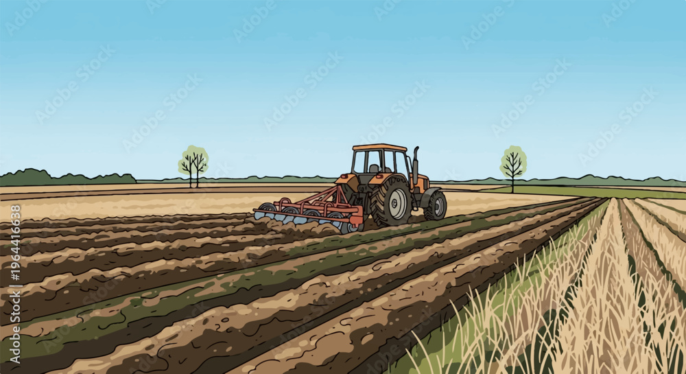 Fototapeta premium Tractor plowing a field with dry grass and trees under a clear blue sky