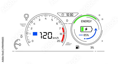 Electric car dashboard speedometer display.