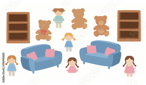 Pastel kids playroom toys vector set with teddy bears rag dolls sofas and bookshelves isolated on white background