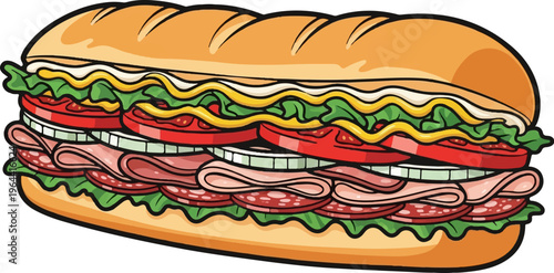 A generously filled sub sandwich with multiple meat and vegetable layers