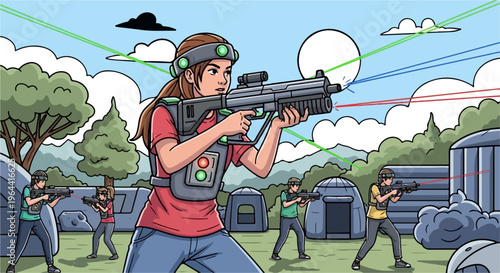 People playing laser tag outdoors with colorful beams and obstacles