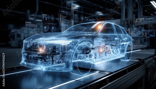 Car is shown in a factory with a blue background