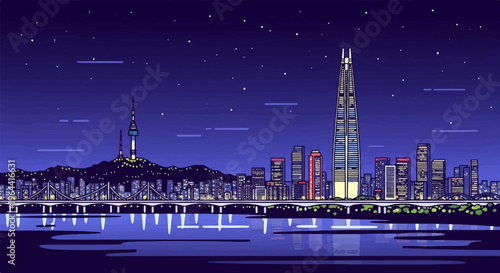 Pixelated cityscape at night with river reflections and starry sky