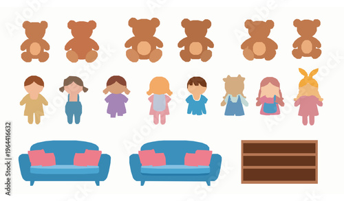 Kids toy collection vector with teddy bears rag dolls couches and bookshelves cartoon set isolated on white background