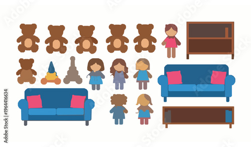 Children toys and furniture vector set with teddy bears rag dolls couches and bookshelves isolated on white background