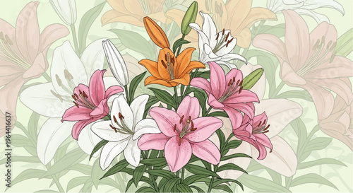 A pastel arrangement of stylized lilies in pink, white, and orange hues