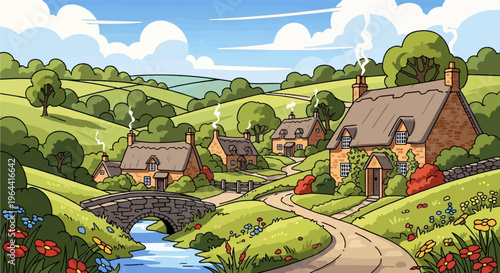 Picturesque village with thatched cottages, stone bridge, and rolling hills