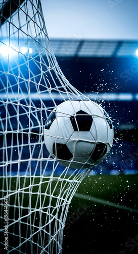 Fototapeta A soccer ball hits the back of the net in a stadium