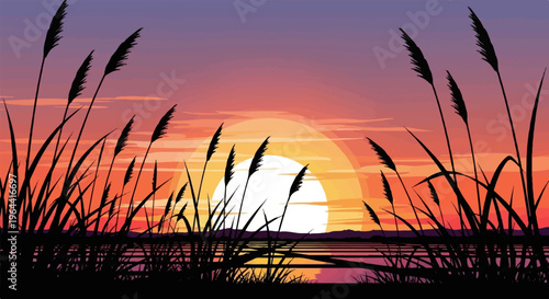 Vibrant sunset silhouettes reeds over tranquil water reflection
