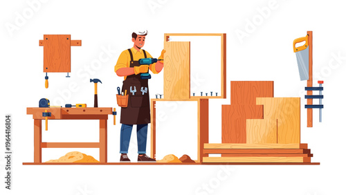 Craftsman's Workshop: A skilled craftsman meticulously uses power tools to assemble a wooden structure within the welcoming confines of a well-equipped workshop. The image is of a working studio.