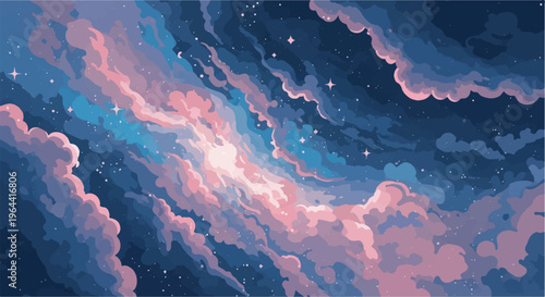 Pixel art depiction of a vibrant, dreamlike sky filled with swirling clouds and scattered stars