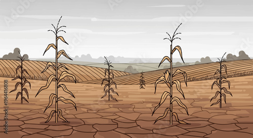 Dry corn stalks stand in cracked earth under a hazy, overcast sky