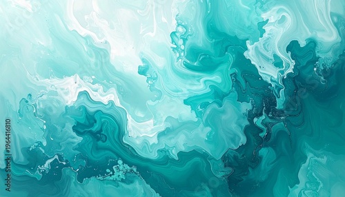 Abstract teal and white fluid art with swirling patterns and textures.