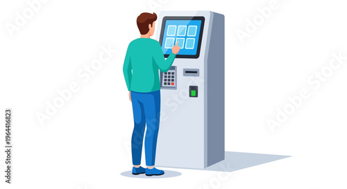 Illustration of a person using a self-service kiosk with a clean white background.