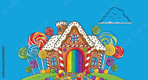 Whimsical gingerbread house surrounded by colorful lollipops and candies