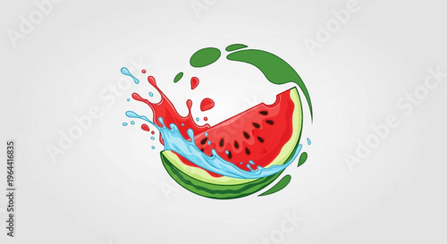A juicy watermelon slice splashes with water and juice against a light grey background