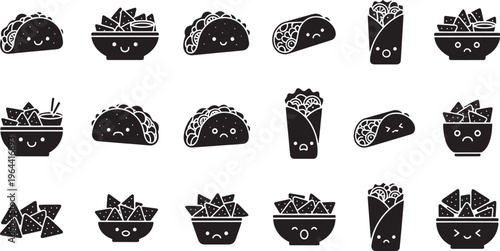 Charming collection of cute kawaii-style Mexican food icons featuring various tacos, burritos, and nachos with playful expressions, perfect for fun culinary designs and graphic elements