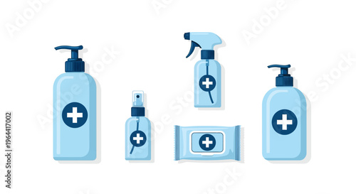 Flat lay of various blue medical supplies on a white background