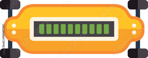 Electric longboard graphic displaying a fully charged battery icon on its deck