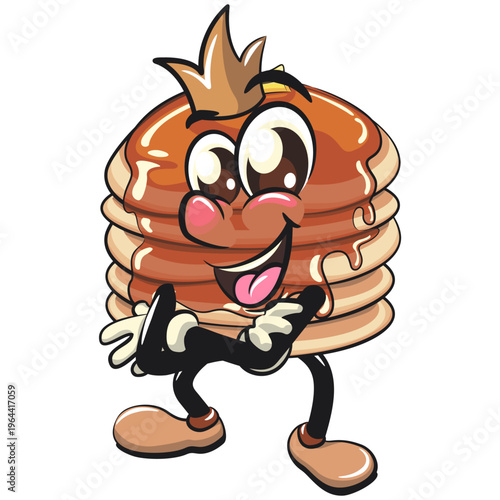 funny pancake stack cartoon mascot with syrup and butter breakfast food vector crowned while folding his hands calmly smiling, work of hand drawn