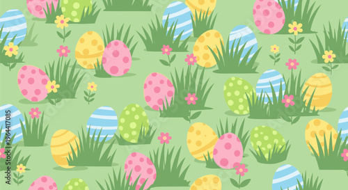 Easter eggs and flowers scattered on green grass with colorful decorations