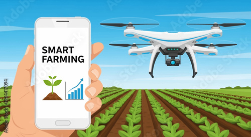 Illustration of a hand holding a smartphone with smart farming app and a drone flying over a field of crops.