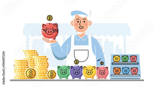 Savings and Success: An optimistic individual stands behind a counter, holding a piggy bank and coins, showcasing savings goals and financial well-being.