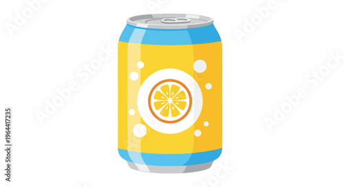 Illustration of a yellow soda can with lemon slice and bubbles on a white background
