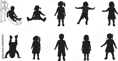 Diverse silhouettes of young children actively engaged in various playful movements and developmental activities, illustrating the vibrant energy and exploration typical of early childhood growth