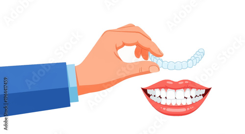 Hand holding clear aligner near smiling teeth with red lips on white background