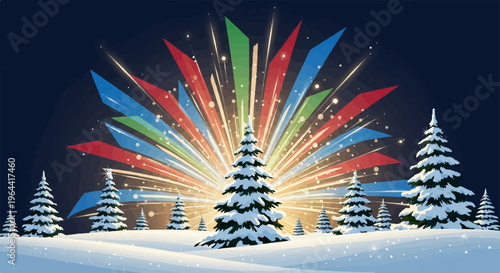 Snowy winter scene with festive lights and evergreen trees