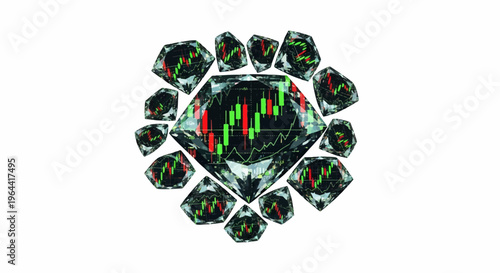 Sparkling gemstones reveal fluctuating stock market charts within their facets