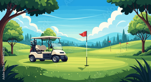 Illustration of a golf cart on a green course with a red flag and trees