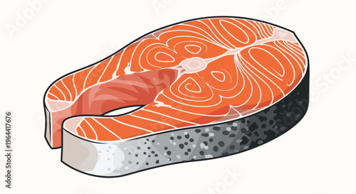 Raw salmon steak on a white background with detailed skin texture.