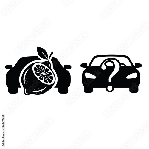 Market for lemons economic concept. Car silhouettes with lemon and question mark icons. Asymmetric information in finance and trade vector illustration