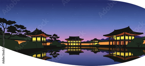 Serene pagoda reflections in tranquil pond under a twilight sky