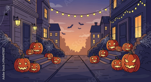 Halloween street with pumpkins, bats, and string lights at dusk