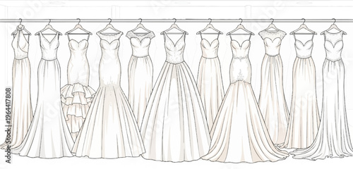 Variety of elegant wedding dresses displayed on a rack
