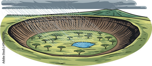 Crater landscape with rain falling on trees and a pool