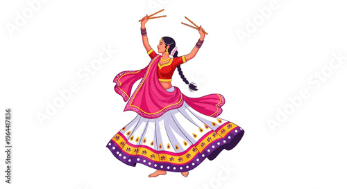 Illustration of a traditional Indian dancer in a colorful costume performing a dynamic dance move on a white background