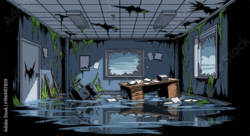Flooded, overgrown office with broken windows and scattered papers