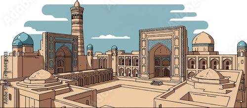 An illustrated view of a historic architectural complex with domes and minarets