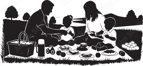 Family picnic, black silhouette illustration, outdoor meal, vector graphics