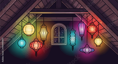 Colorful lanterns illuminate a dimly lit attic space with a snowy window