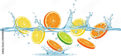 Slices of citrus fruits splash into clear water with refreshing droplets